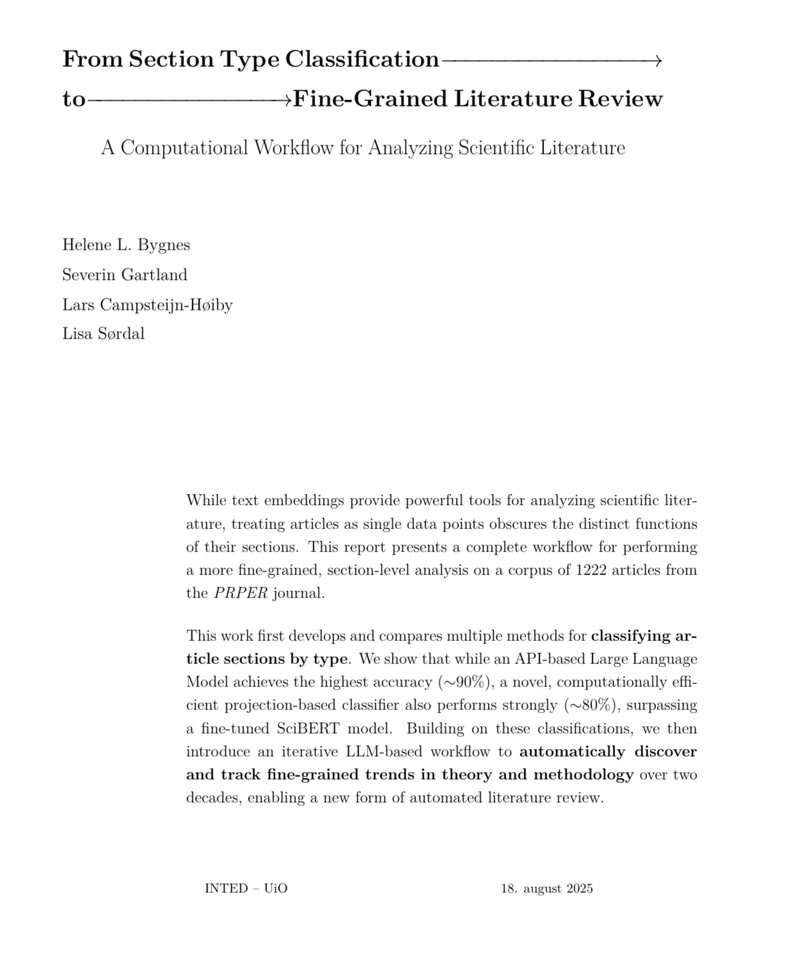 The title page of the project report, listing its four authors and its UiO affiliation